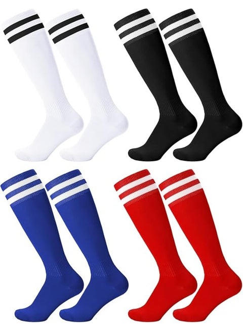 4 Pairs Kids Soccer Football Socks Children's Football Socks Breathable Striped Football Socks Long Football Socks for Children boys and Girls Teens Running, Training, Rugby, Hockey (5-13 Years), Black, White, Blue, Red