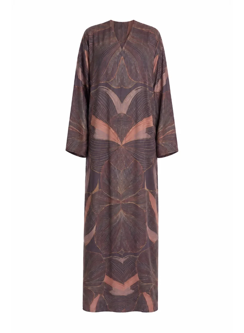Amnad International Midnight Ginkgo Silk Abaya with Matching Chiffon Hijab | Deep Aubergine & Rose Gold Botanical Print, Sizes 52-60 inches