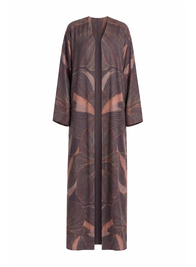 Midnight Ginkgo Silk Abaya with Matching Chiffon Hijab | Deep Aubergine & Rose Gold Botanical Print, Sizes 52-60 inches