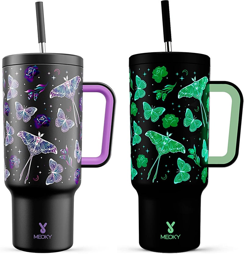 Meoky 40 oz Glow in the Dark Tumbler with Handle and Straw, Tumbler with Lid and Straw, Insulated Stainless Steel Travel Mug, 100% Leak-proof, Keeps Cold for 34 Hours (Butterfly) - Image 1
