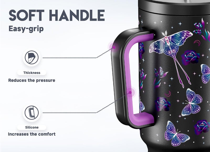 Meoky 40 oz Glow in the Dark Tumbler with Handle and Straw, Tumbler with Lid and Straw, Insulated Stainless Steel Travel Mug, 100% Leak-proof, Keeps Cold for 34 Hours (Butterfly) - Image 5