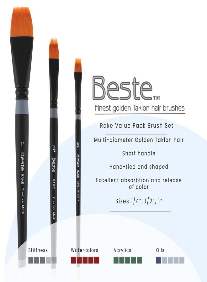 Creative Mark Beste Golden Taklon Brush Rake, Set of 3 Artist Paint Brush, Professional Watercolor Brushes, for Acrylic Painting, Short Handle, Sharp Edges, Hand-Tied & Shaped - Image 2