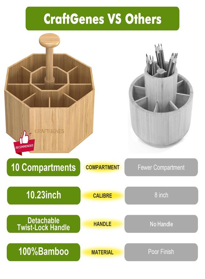 CraftGenes Bamboo Rotating Pen Organizer for Desk, 360° Spinning Desk Organizer with 10 Compartments, Wooden Pencil Holder, Desk Caddy for Office Supplies, Marker Organizer for Office Home School - Image 3