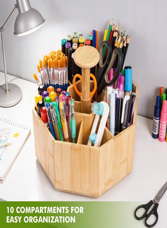 CraftGenes Bamboo Rotating Pen Organizer for Desk, 360° Spinning Desk Organizer with 10 Compartments, Wooden Pencil Holder, Desk Caddy for Office Supplies, Marker Organizer for Office Home School - Image 2