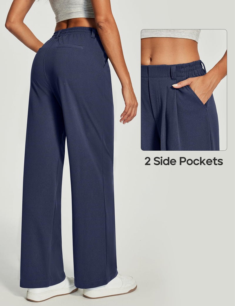 Heathyoga Wide Leg Stretchy Work Pants Women Pull on Dress Pants High Waisted Business Casual Trousers Slacks for Women Dark Blue - Image 3