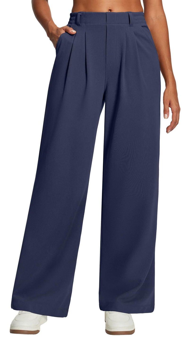 Heathyoga Wide Leg Stretchy Work Pants Women Pull on Dress Pants High Waisted Business Casual Trousers Slacks for Women Dark Blue - Image 1