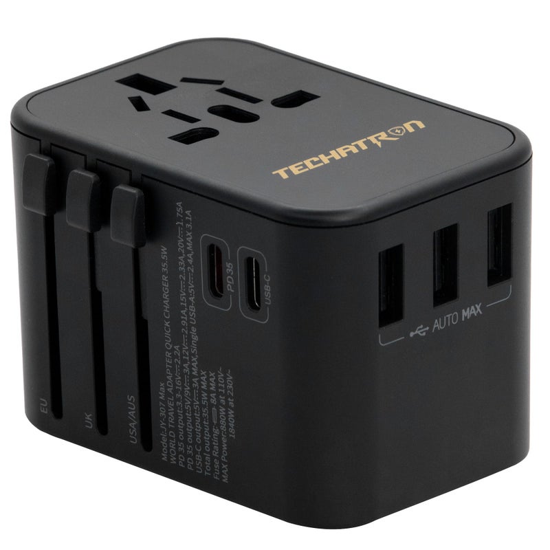 TECHATRON 6in1 Universal Travel Adapter Type CGAI for USAUUKEU 35W GAN Charger 3 USBA 2 USBC 1 AC Socket European Travel Plug Adapter International Power Adapter Black