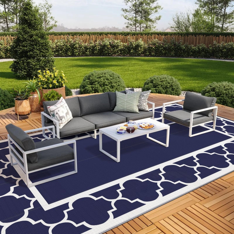 GENIMO 10 x 20 Outdoor Rug Waterproof for Patio Decor Foldable Reversible Plastic Straw Area Rugs Mat for Camper Outside Carpet for Rv Deck Porch Picnic Beach Balcony Blue White