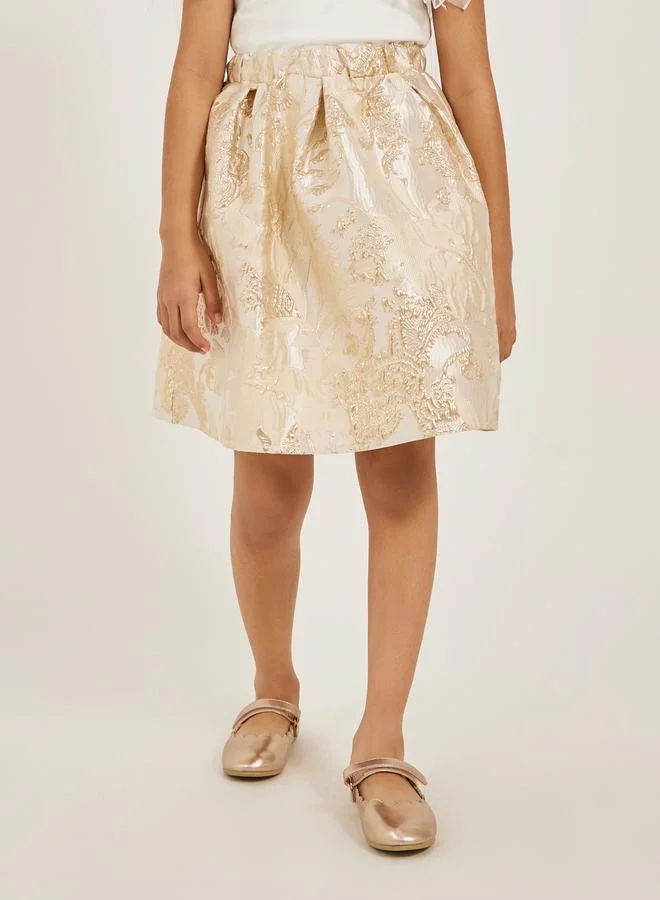 Styli Frill Mesh Sleeve Top and Jacquard Skirt Set