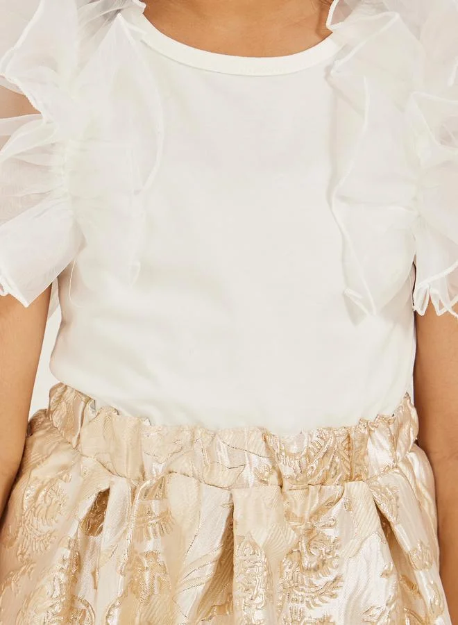 Styli Frill Mesh Sleeve Top and Jacquard Skirt Set