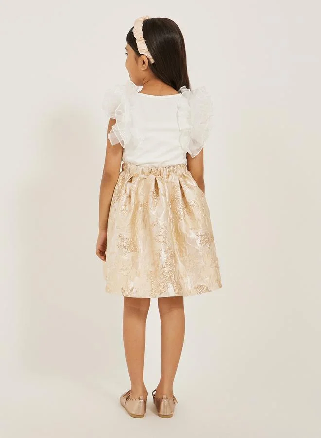 Styli Frill Mesh Sleeve Top and Jacquard Skirt Set