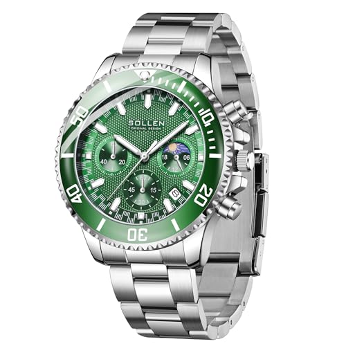 SOLLEN Men's Green Chronograph Watch, Analog Quartz Watch with Moon Phase and Date Display, Stainless Steel Dress Watch for Men, Business Casual Water-Resistant Men's Watch 42.5mm - Image 1