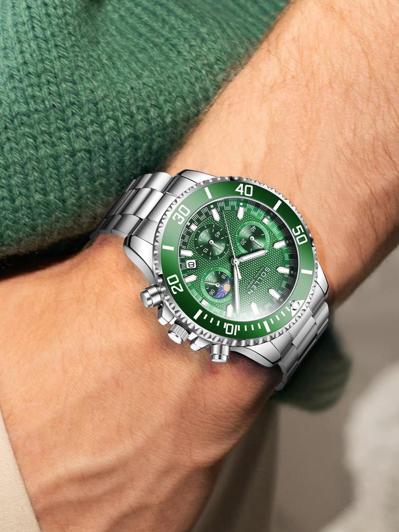 SOLLEN Men's Green Chronograph Watch, Analog Quartz Watch with Moon Phase and Date Display, Stainless Steel Dress Watch for Men, Business Casual Water-Resistant Men's Watch 42.5mm - Image 2