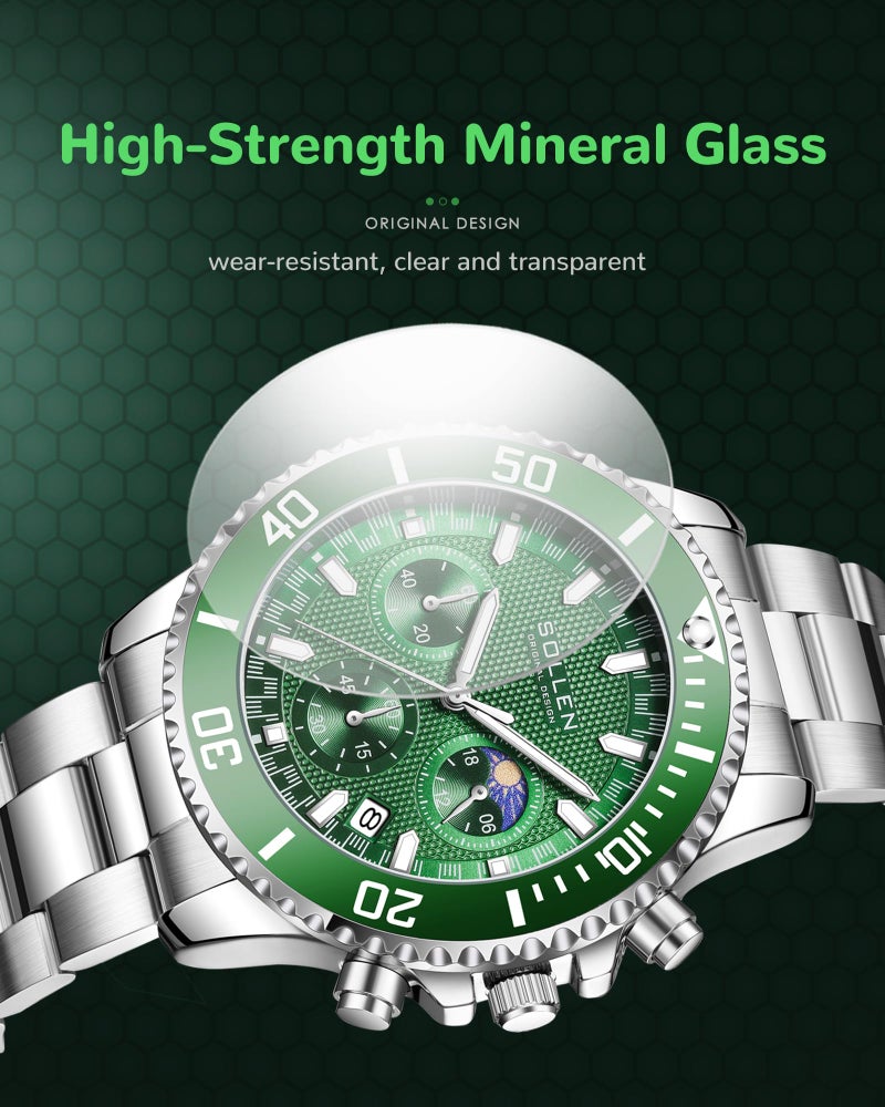 SOLLEN Men's Green Chronograph Watch, Analog Quartz Watch with Moon Phase and Date Display, Stainless Steel Dress Watch for Men, Business Casual Water-Resistant Men's Watch 42.5mm - Image 3