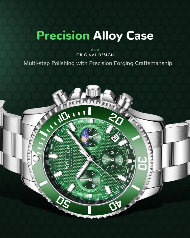 SOLLEN Men's Green Chronograph Watch, Analog Quartz Watch with Moon Phase and Date Display, Stainless Steel Dress Watch for Men, Business Casual Water-Resistant Men's Watch 42.5mm - Image 4