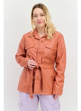 Threadbare Women Faux Leather Belted Jacket Shirt, Rust  - Image 1