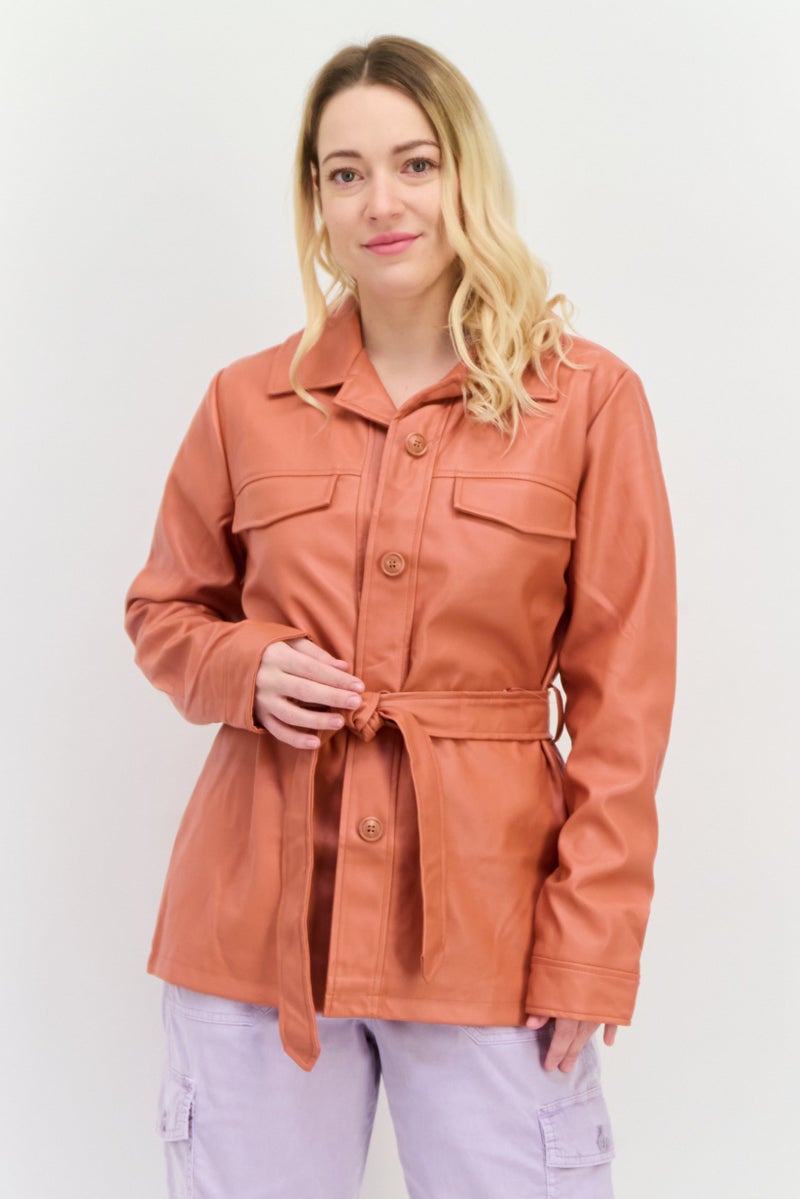 Threadbare Women Faux Leather Belted Jacket Shirt, Rust - Image 1