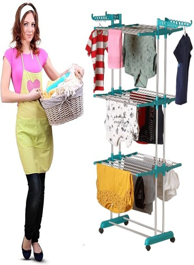 SUNDRY 3 Layer Clothes Stand for Drying/Cloth Drying Stand/Cloth Stand for Drying Clothes Foldable/Cloth Drying Stand for Balcony (Peacock Green) - Image 1