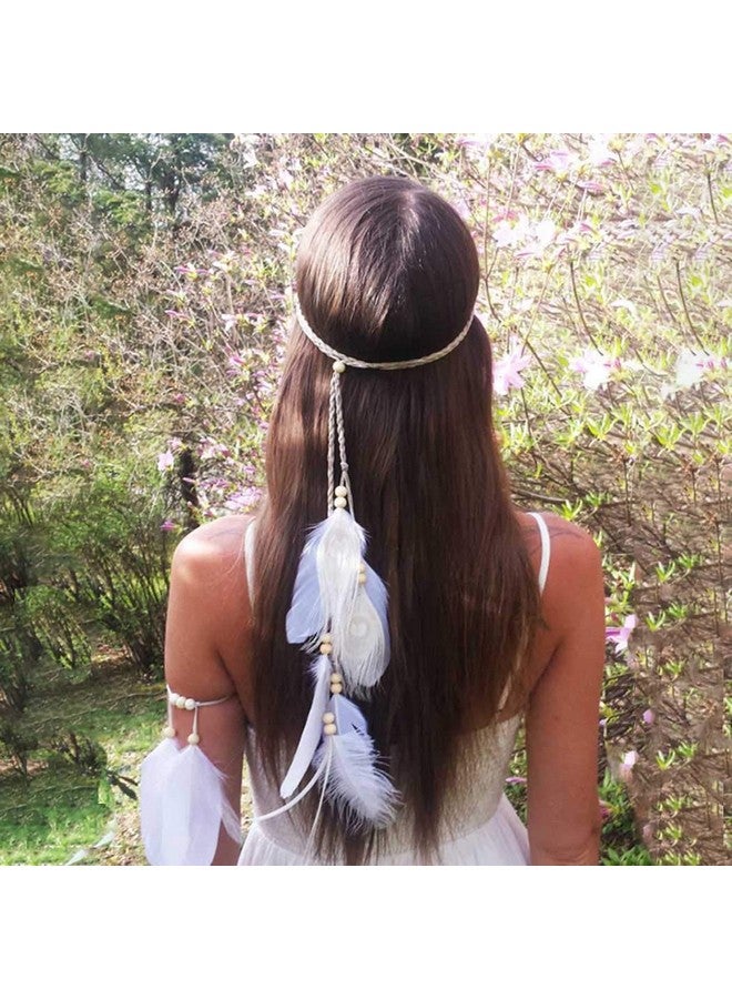 Nicute Boho Feather Headbands Peacoak Headpieces Festival Costumes Hair Accessories For Women And Girls (Beige)  - Image 4