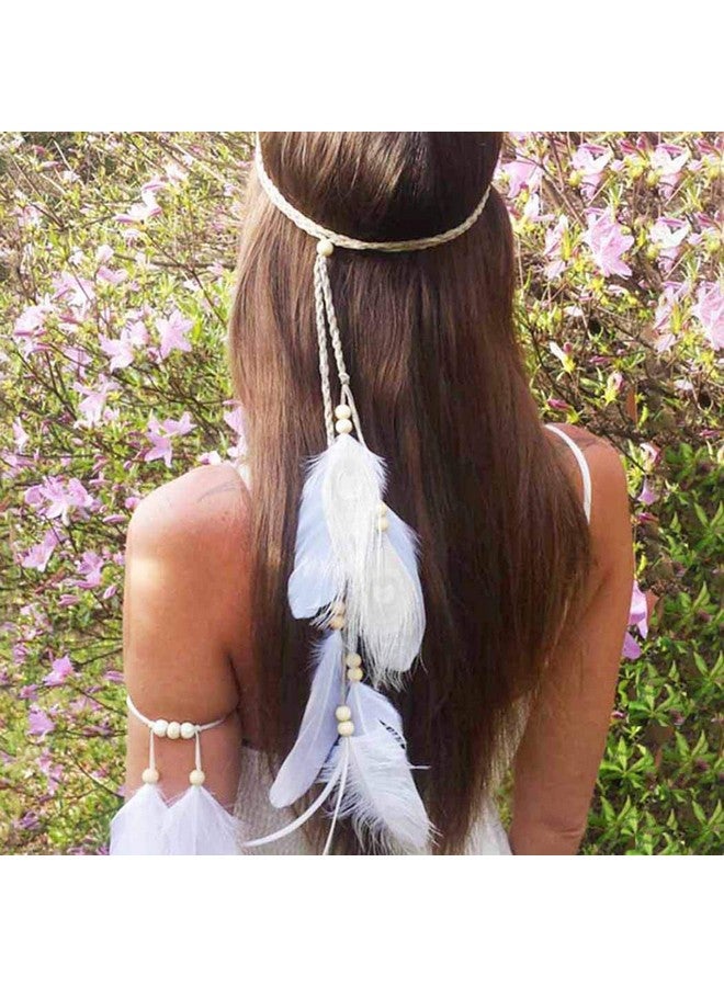 Nicute Boho Feather Headbands Peacoak Headpieces Festival Costumes Hair Accessories For Women And Girls (Beige)  - Image 2
