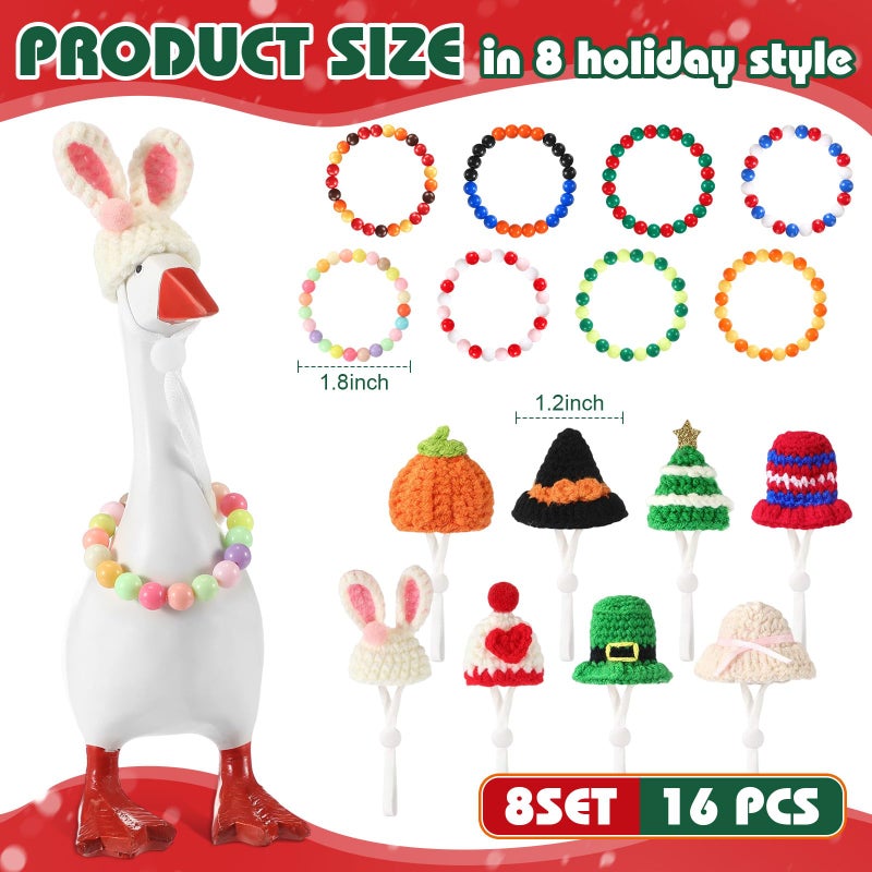 Geyoga 16 Pcs 7inch Mini Desk Goose Outfits Christmas Holiday Mini Knitting Hat with Necklace Knitting Desk Goose Headwear Necklace Accessory for Magnetic Goosey Statue Key Holder Decor - Image 2