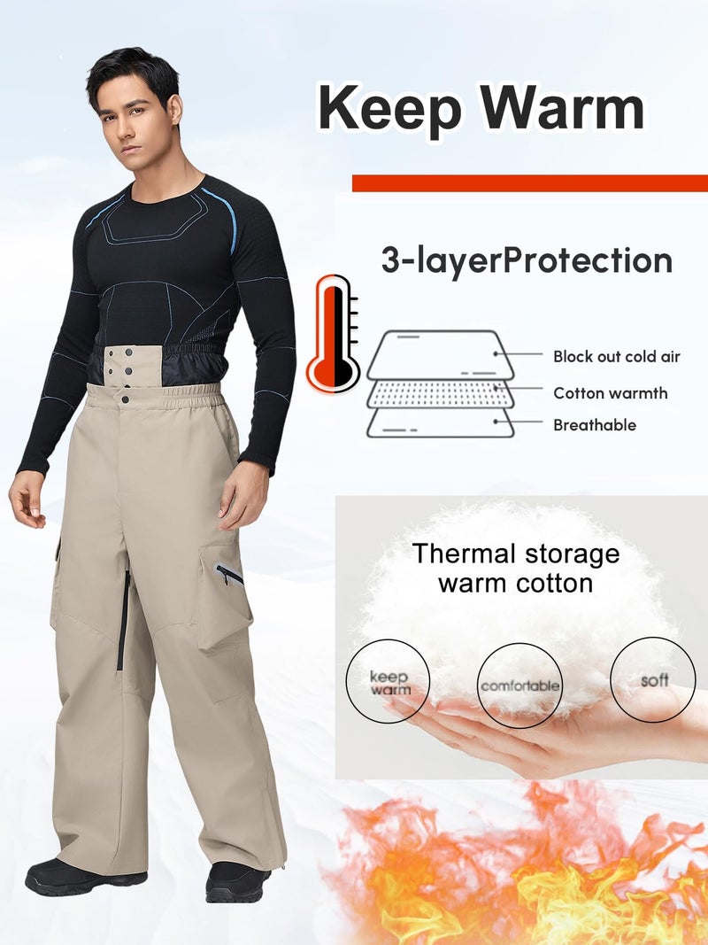 GS SNOWING Mens Women Ski Pants Super Baggy Snow Snowboard Insulated Waterproof Windproof Loose Cargo Pant for Outdoor Sports Brown XL - Image 3