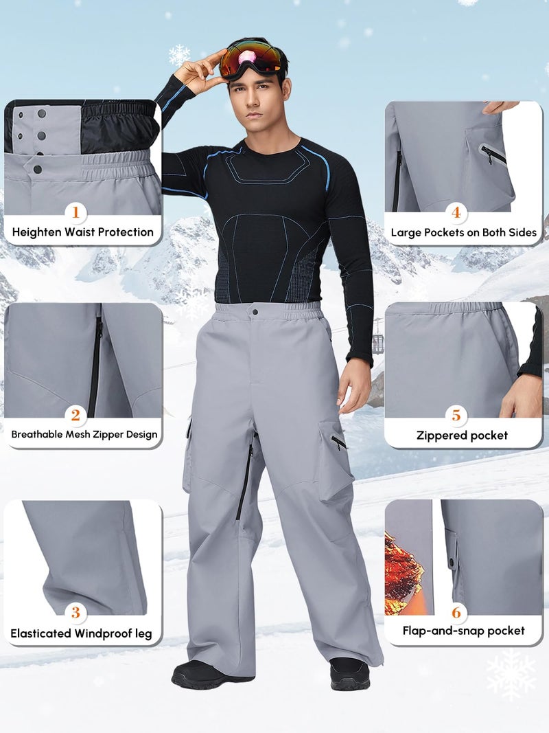 GS SNOWING Mens Women Ski Pants Super Baggy Snow Snowboard Insulated Waterproof Windproof Loose Cargo Pant for Outdoor Sports Brown XL - Image 4