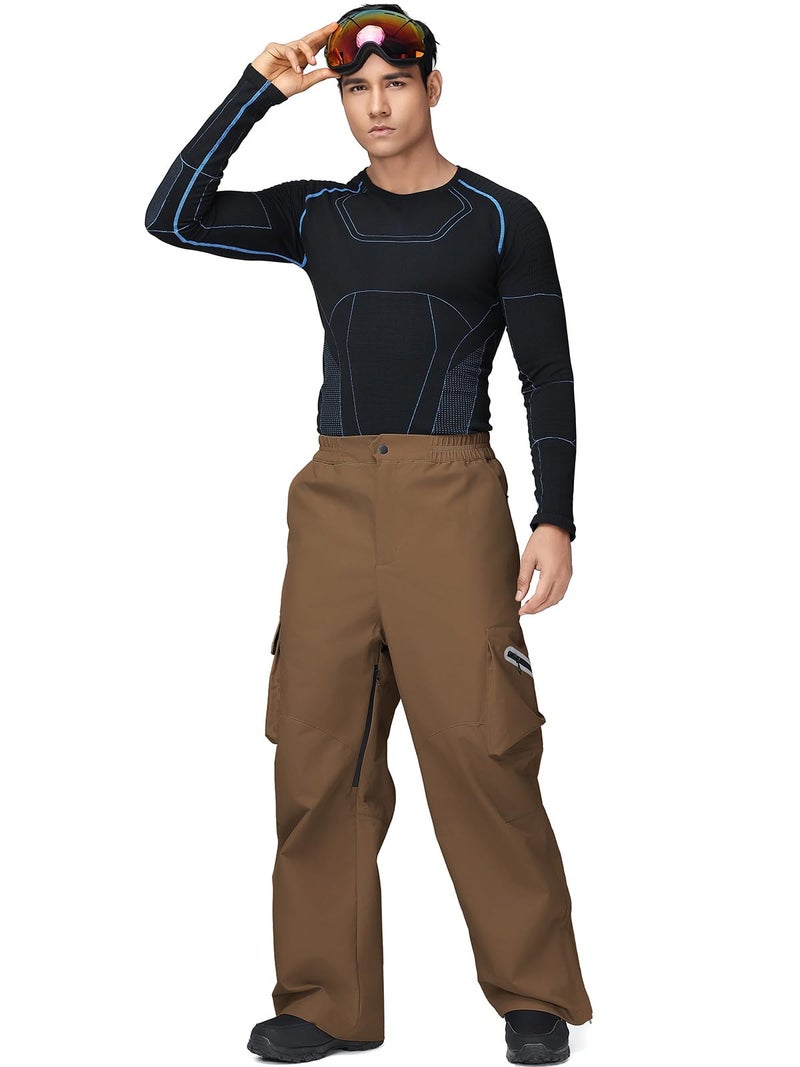 GS SNOWING Mens Women Ski Pants Super Baggy Snow Snowboard Insulated Waterproof Windproof Loose Cargo Pant for Outdoor Sports Brown XL - Image 2