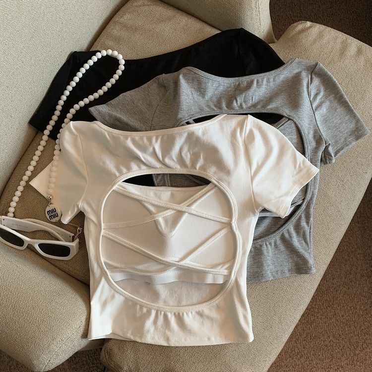 Women's Cutout Cross Back Cropped T-Shirt - Image 1