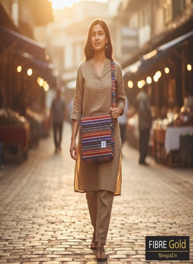 FIBREGOLD Striped Crossbody Bag, Multicolor Ethnic Pattern, Canvas Material, Adjustable Strap, Bohemian Style (Orange Blue) - Image 3