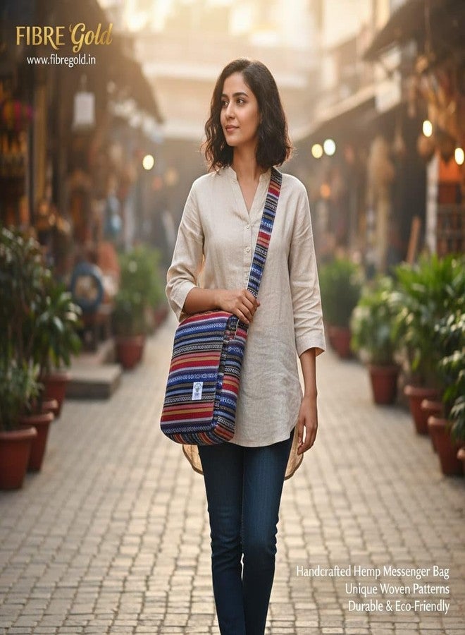 FIBREGOLD Striped Crossbody Bag, Multicolor Ethnic Pattern, Canvas Material, Adjustable Strap, Bohemian Style (Orange Blue) - Image 2