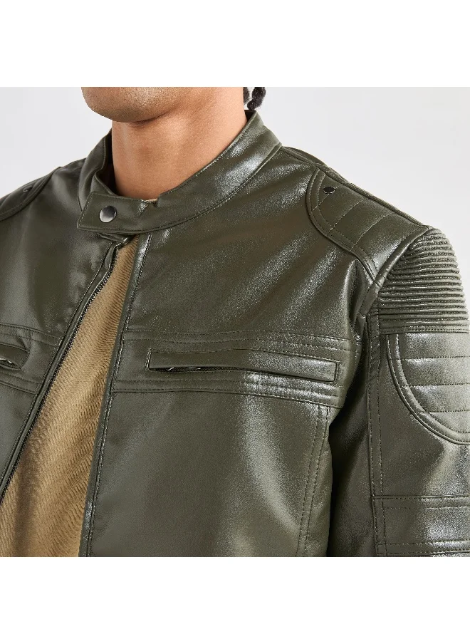 FAV Solid Biker Jacket with Long Sleeves and Pockets