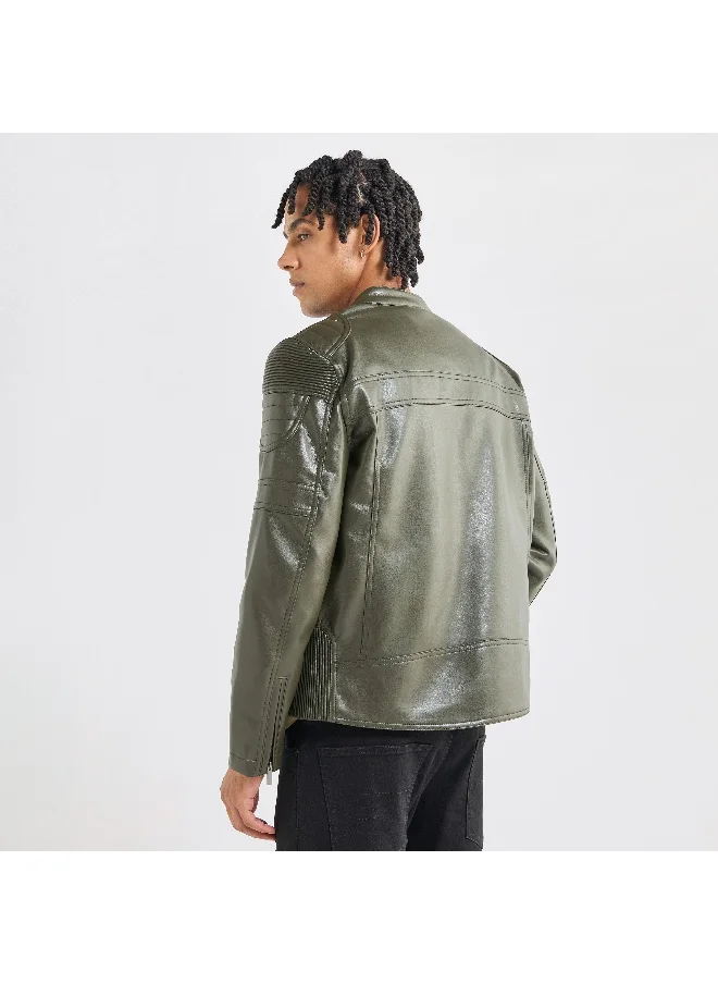 FAV Solid Biker Jacket with Long Sleeves and Pockets
