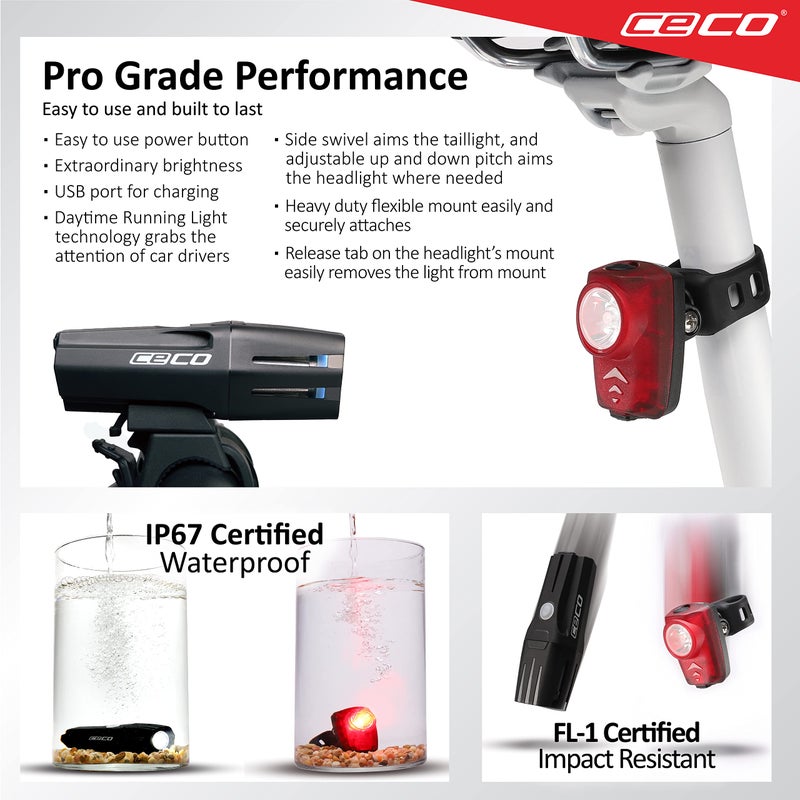 CECO-USA: 1,000 Lumen Headlight & 100 Lumen Tail Light Combo Pack for Cyclists who Want to See far & to be seen from afar. Brightest USB Rechargeable Bike Light Set Available for All Cyclists - Image 4