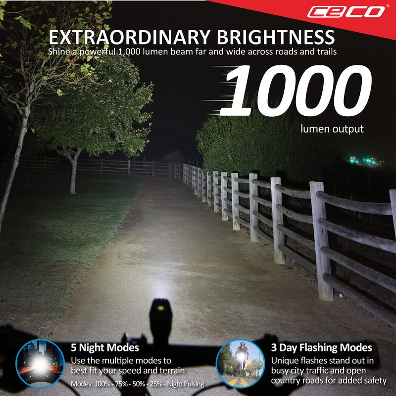 CECO-USA: 1,000 Lumen Headlight & 100 Lumen Tail Light Combo Pack for Cyclists who Want to See far & to be seen from afar. Brightest USB Rechargeable Bike Light Set Available for All Cyclists - Image 2