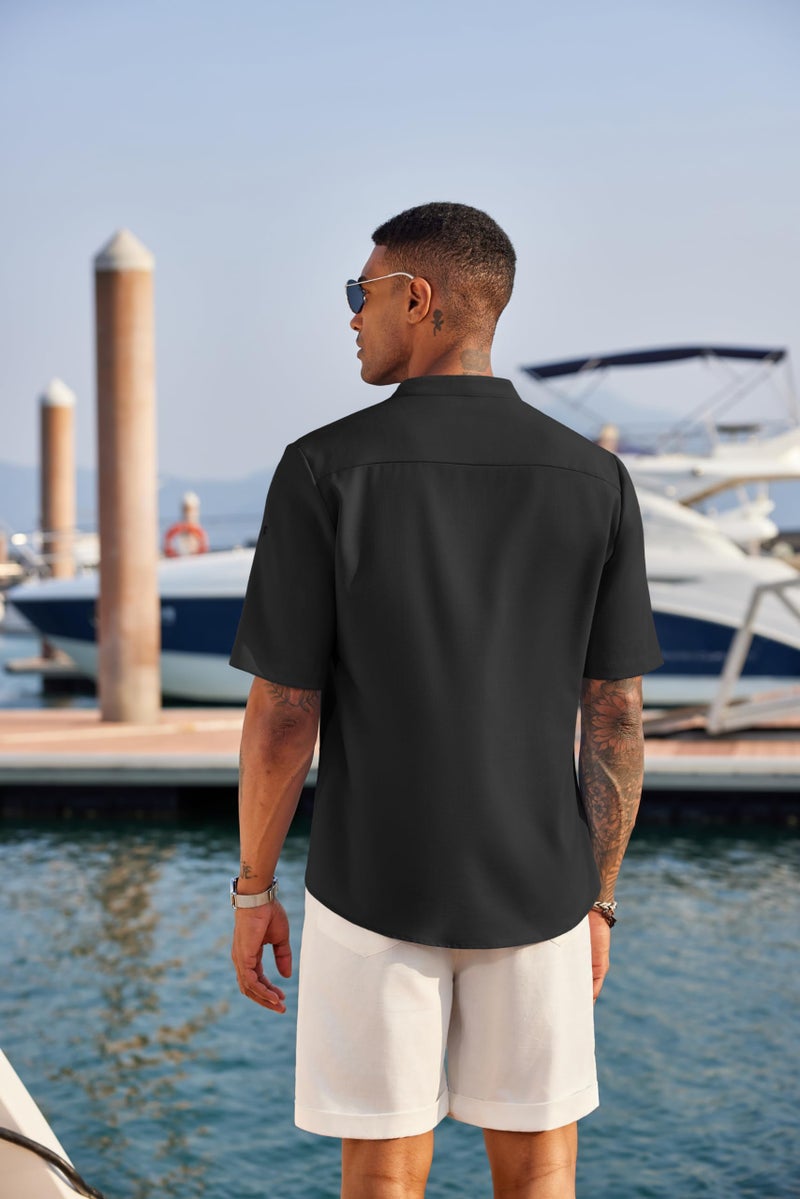 COOFANDY Men's Casual Henley Shirt Short Sleeve Band Collar Linen Shirt Summer Beach Hippie T-Shirts Black - Image 3
