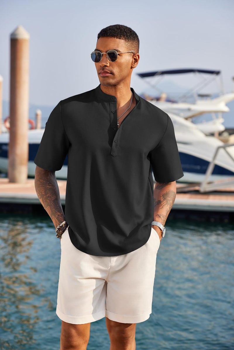 COOFANDY Men's Casual Henley Shirt Short Sleeve Band Collar Linen Shirt Summer Beach Hippie T-Shirts Black - Image 2