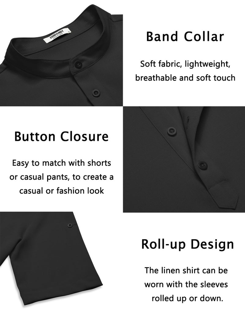COOFANDY Men's Casual Henley Shirt Short Sleeve Band Collar Linen Shirt Summer Beach Hippie T-Shirts Black - Image 5