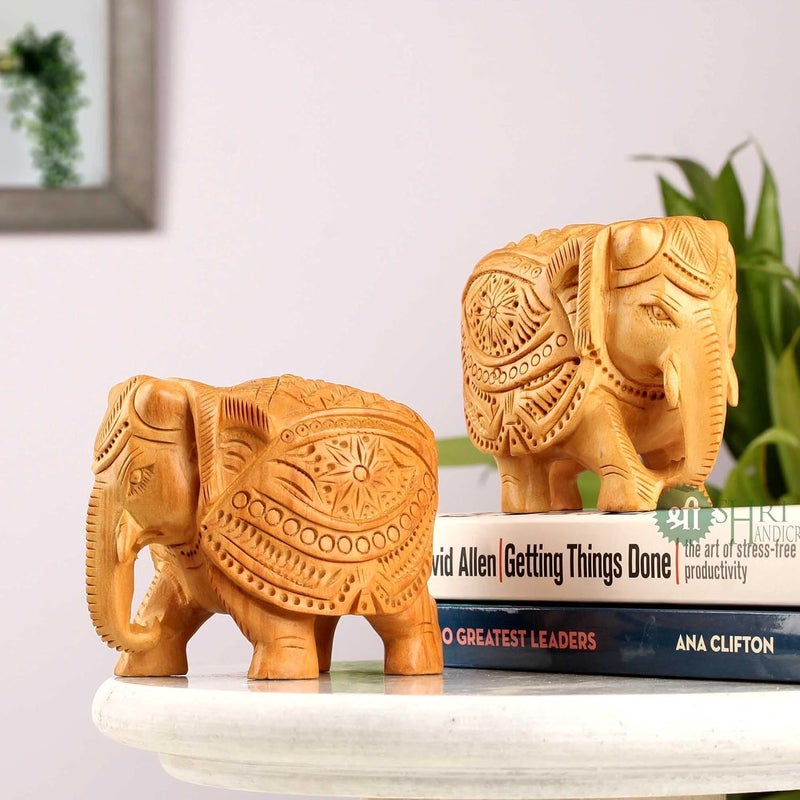 INDICAST 3 Wood Elephant Pair Down Trunk Statue Carving Figurine Showpiece Gifts for Home Decor Living Room and OfficeSet of 2 Brown - Image 1
