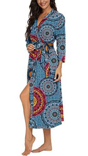 VINTATRE Women Kimono Robes Long Knit Bathrobe Lightweight Soft Knit Sleepwear V-neck Casual Ladies Loungewear FP-Mix Blue-Small - Image 4