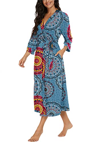 VINTATRE Women Kimono Robes Long Knit Bathrobe Lightweight Soft Knit Sleepwear V-neck Casual Ladies Loungewear FP-Mix Blue-Small - Image 2