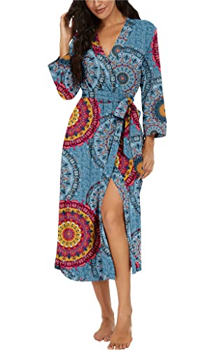 VINTATRE Women Kimono Robes Long Knit Bathrobe Lightweight Soft Knit Sleepwear V-neck Casual Ladies Loungewear FP-Mix Blue-Small - Image 1