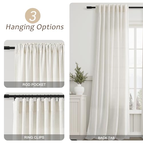 Aersas Natural Linen Curtains 84 Inch Length 2 Panels Cream White Pleated Linen Drapes for Living Room Semi Sheer Light Filtering Modern Farmhouse Aesthetic Neutral Window Curtain Back Tab Loop Ivory - Image 2