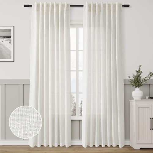 Aersas Natural Linen Curtains 84 Inch Length 2 Panels Cream White Pleated Linen Drapes for Living Room Semi Sheer Light Filtering Modern Farmhouse Aesthetic Neutral Window Curtain Back Tab Loop Ivory - Image 1