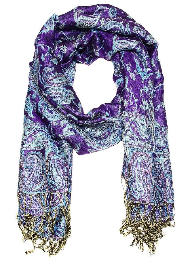 Falari Women's Woven Paisley Pashmina Shawl Wrap Scarf 80" x 27" (Style 1 - Dark Purple & Turquoise) - Image 2
