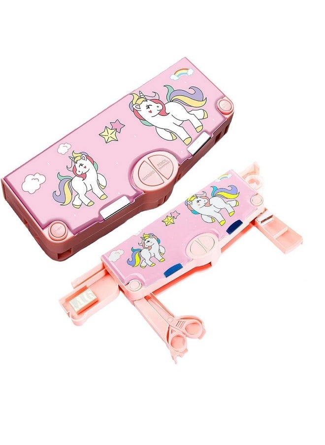 Sky Tech Unicorn Theme Magnetic Pencil Box Multifunctional Stationery For Girls, Magnetic Girls Pouch Return Gifts Kids (With Accessories, Plastic, Pink)  - Image 3