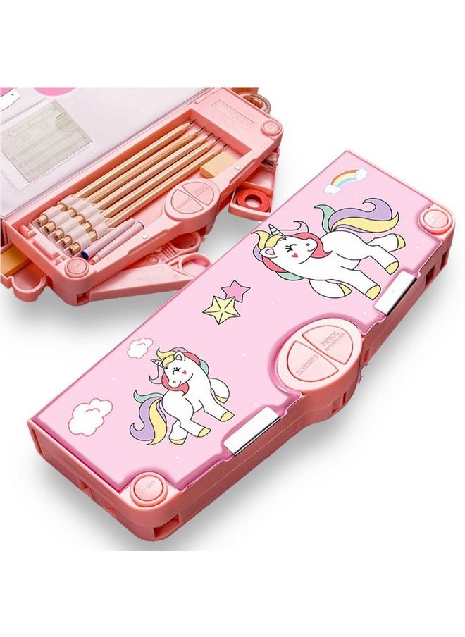 Sky Tech Unicorn Theme Magnetic Pencil Box Multifunctional Stationery For Girls, Magnetic Girls Pouch Return Gifts Kids (With Accessories, Plastic, Pink)  - Image 4