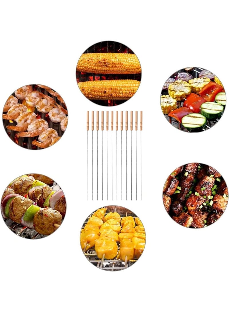 BJM 12PCS 40CM Stainless Steel BBQ Skewers with Wooden Handle, Reusable Metal Barbecue Sticks for Grilling, Tandoor, and Outdoor Cooking - Image 3