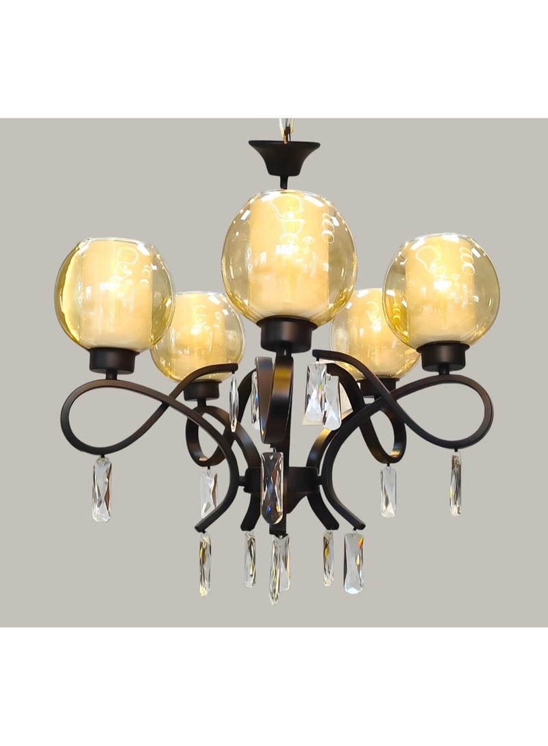 Classic metal chandelier 5 crystal bulbs, luxurious design and perfect lighting