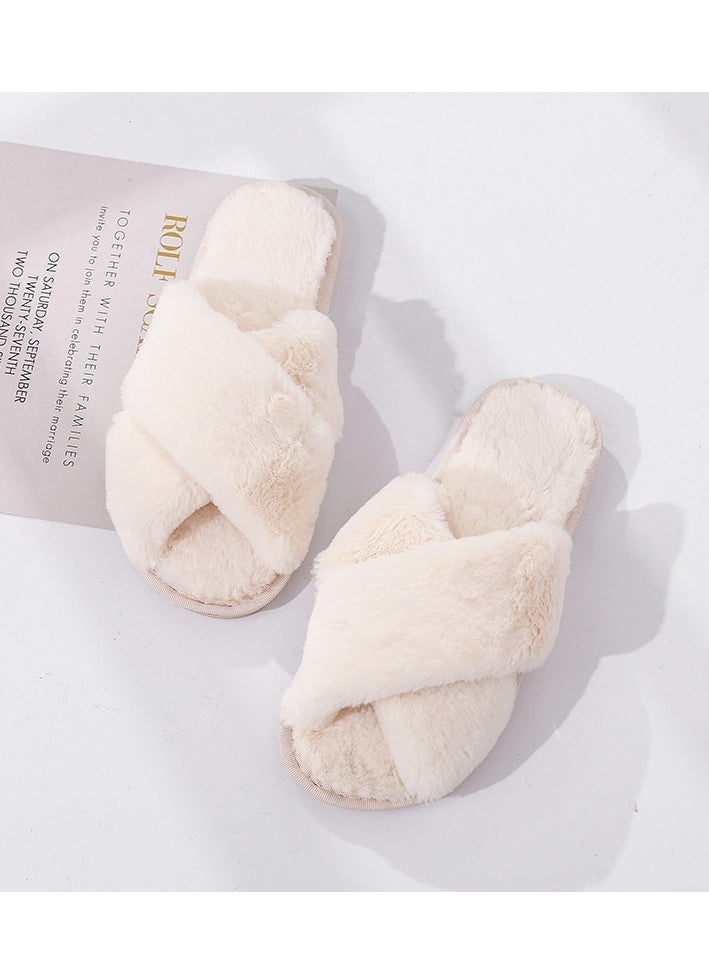 General White cross plush slippers autumn and winter new indoor warm cotton slippers thickened leaky toe wool slippers  - Image 1